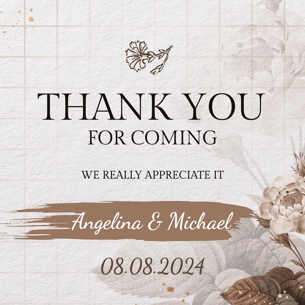 Wedding thank you Instagram post template, editable text