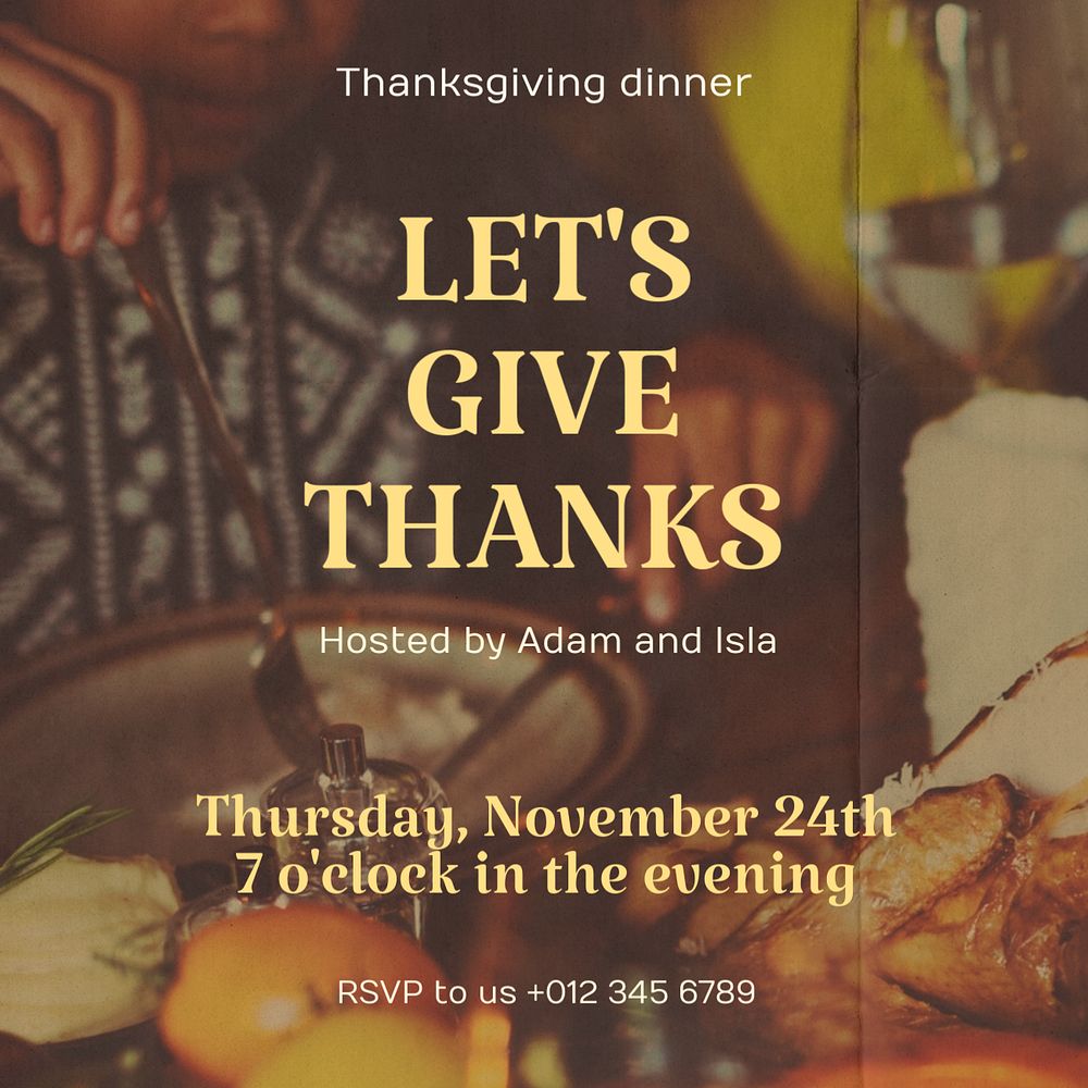 Thanksgiving dinner invitation  Instagram post template, editable text