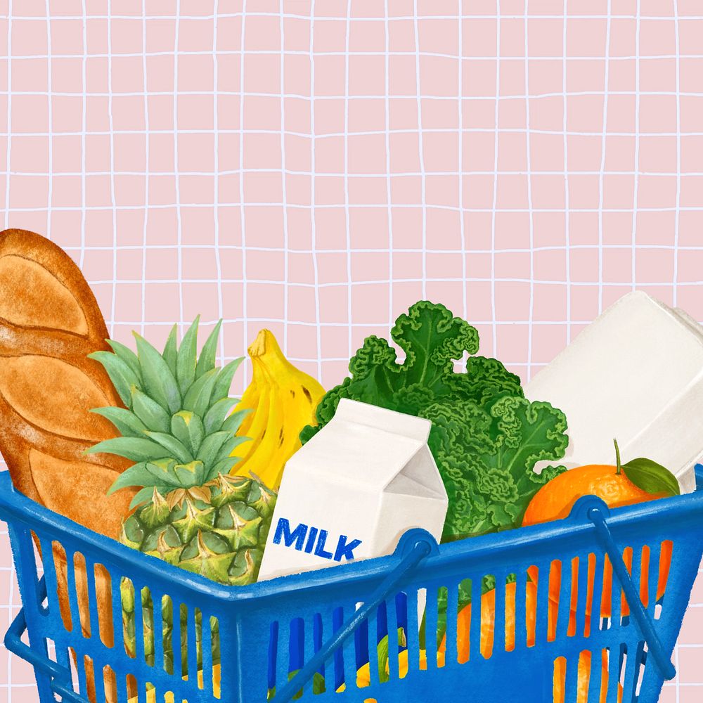 Grocery shopping basket background, vegetables food illustration, editable design