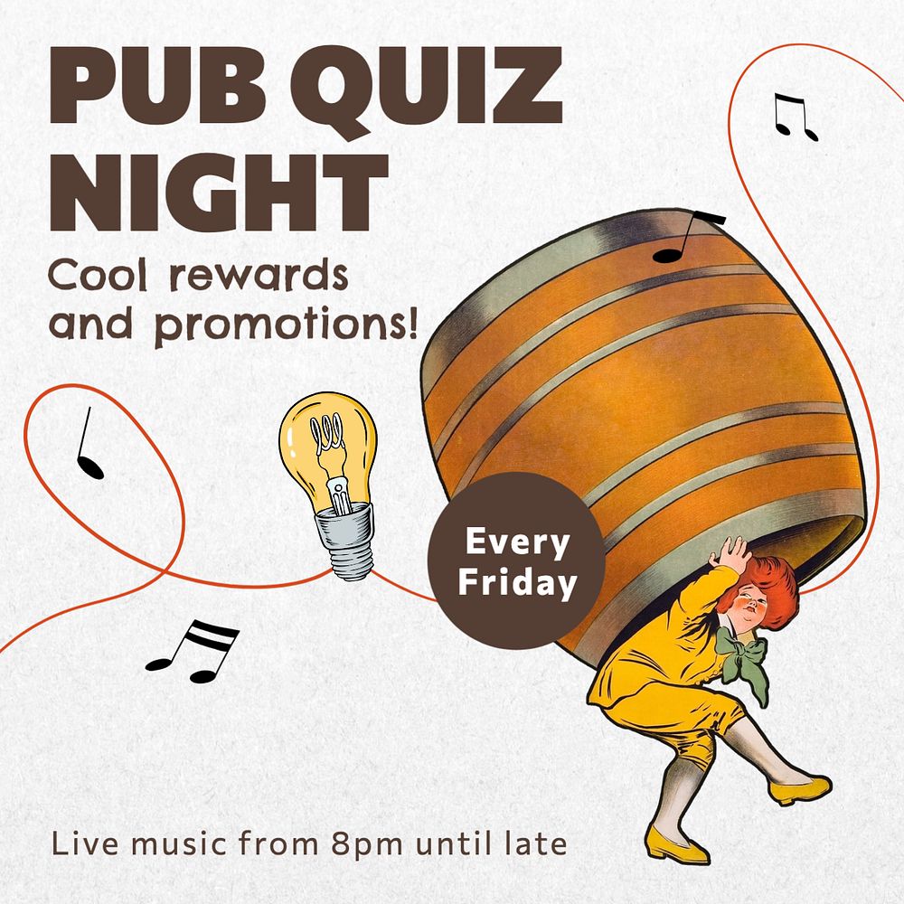 Pub quiz night Instagram post template, editable text