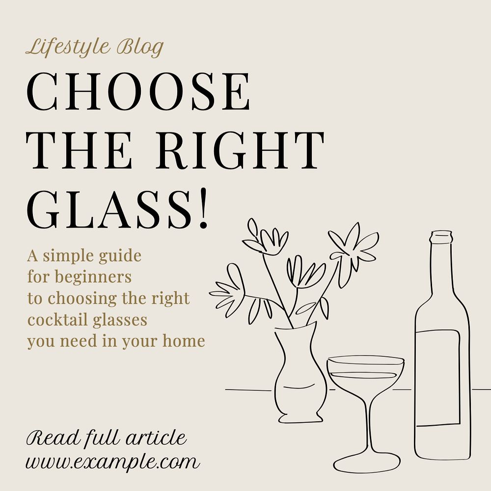 Alcohol glasses blog Instagram post template, editable text