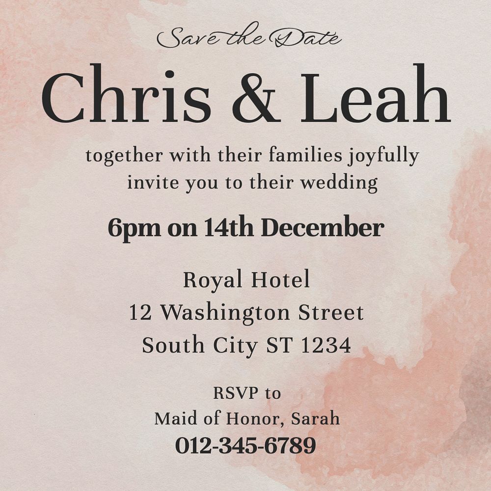 Wedding invitation Instagram post template, editable text