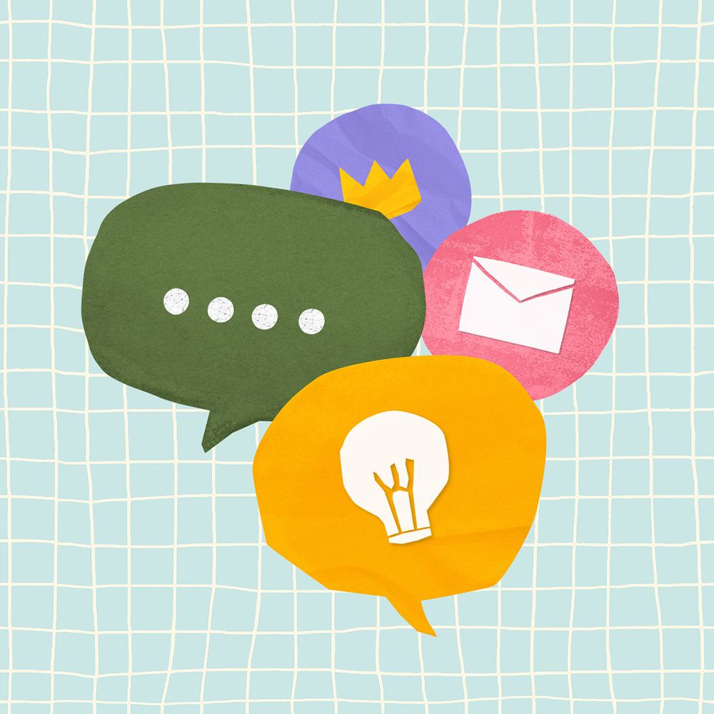 Online communication icons, paper speech bubble collage, editable design