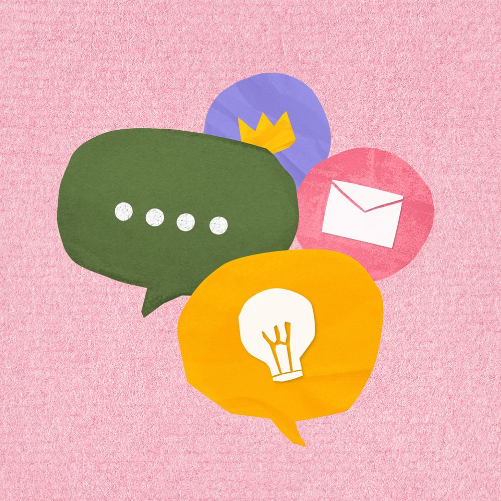 Online communication icons, paper speech bubble collage, editable design