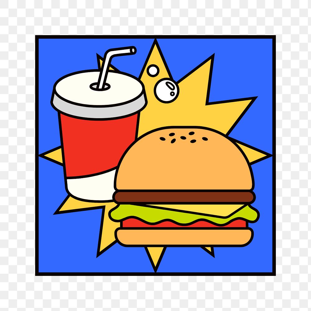 Cute junk food png, burger and soda illustration, editable design