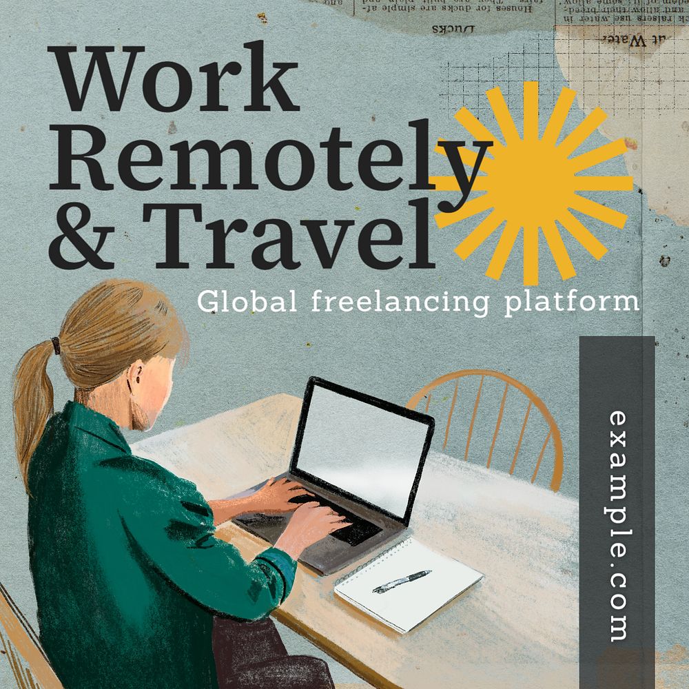 Work remotely & travel Instagram post template, editable text