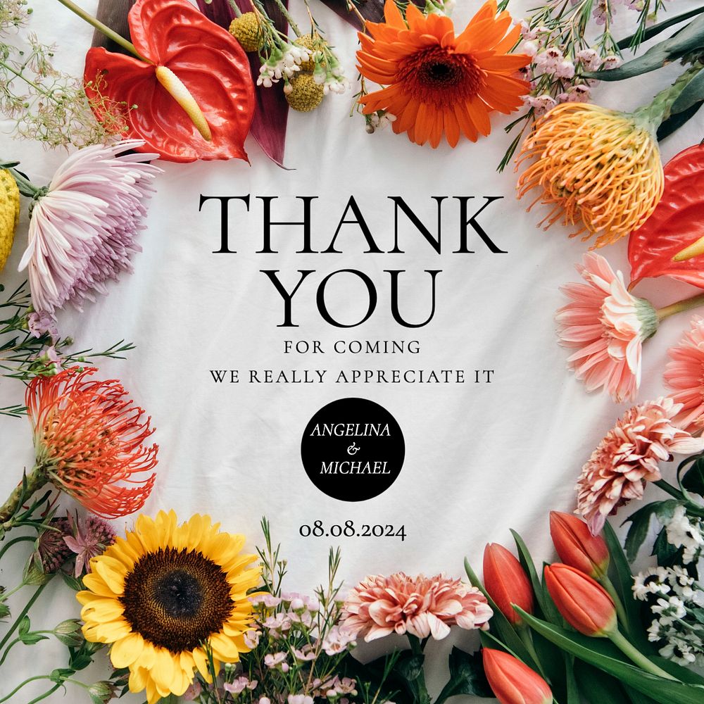 Wedding thank you Instagram post template, editable text