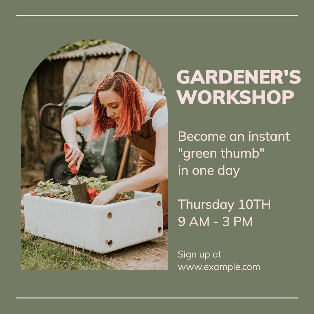 Gardener's workshop Instagram post template, editable text