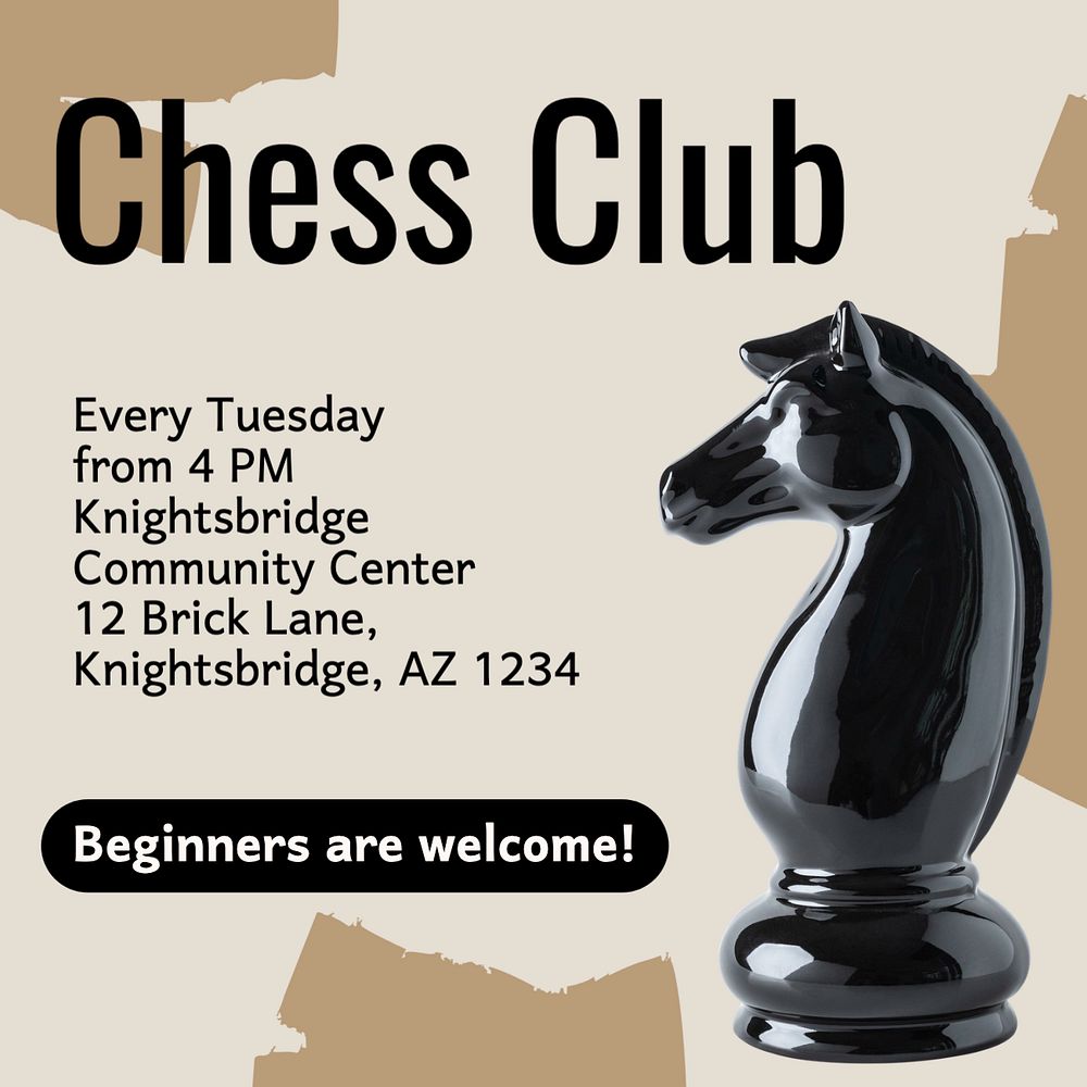 Chess club Instagram post template, editable text