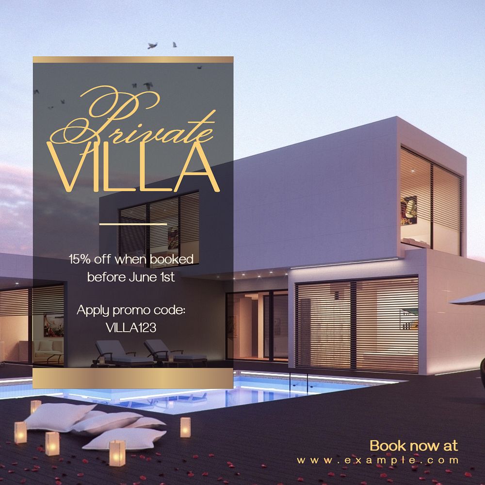 Private villa Instagram post template, editable text