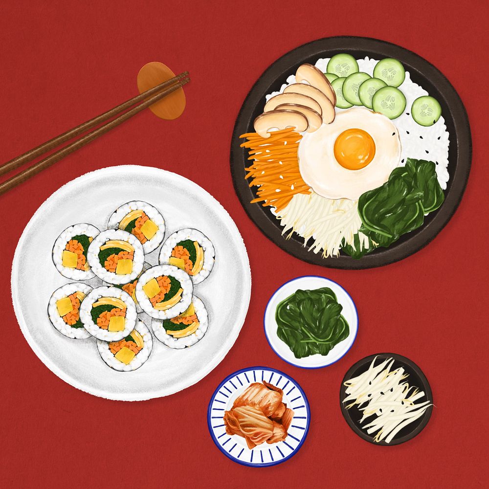 Kimbap, Bibimbap & Kimchi, Korean food illustration, editable design