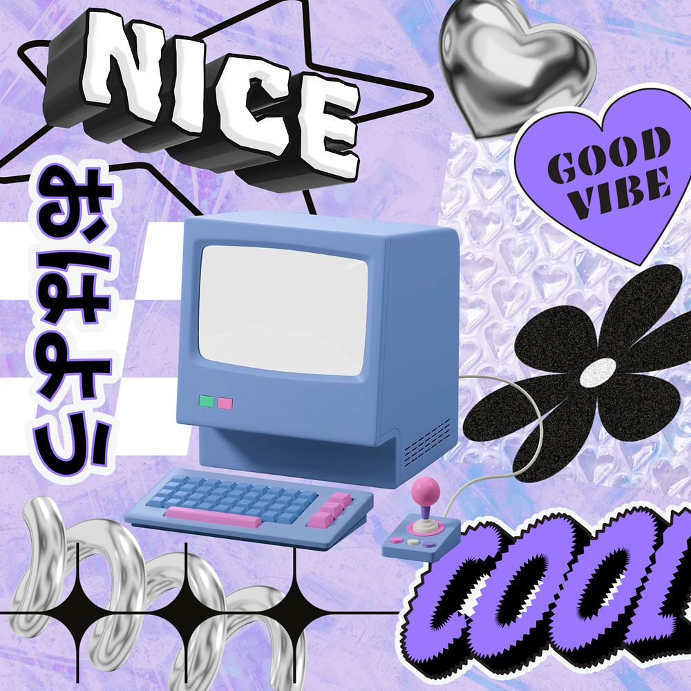 Purple y2k computer, typography collage art, editable design