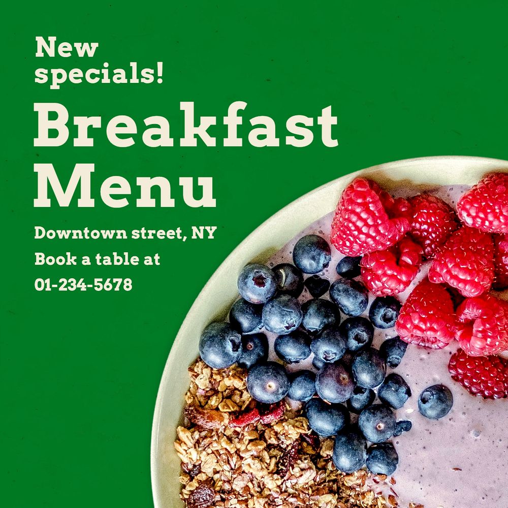 Breakfast menu  Instagram post template, editable text