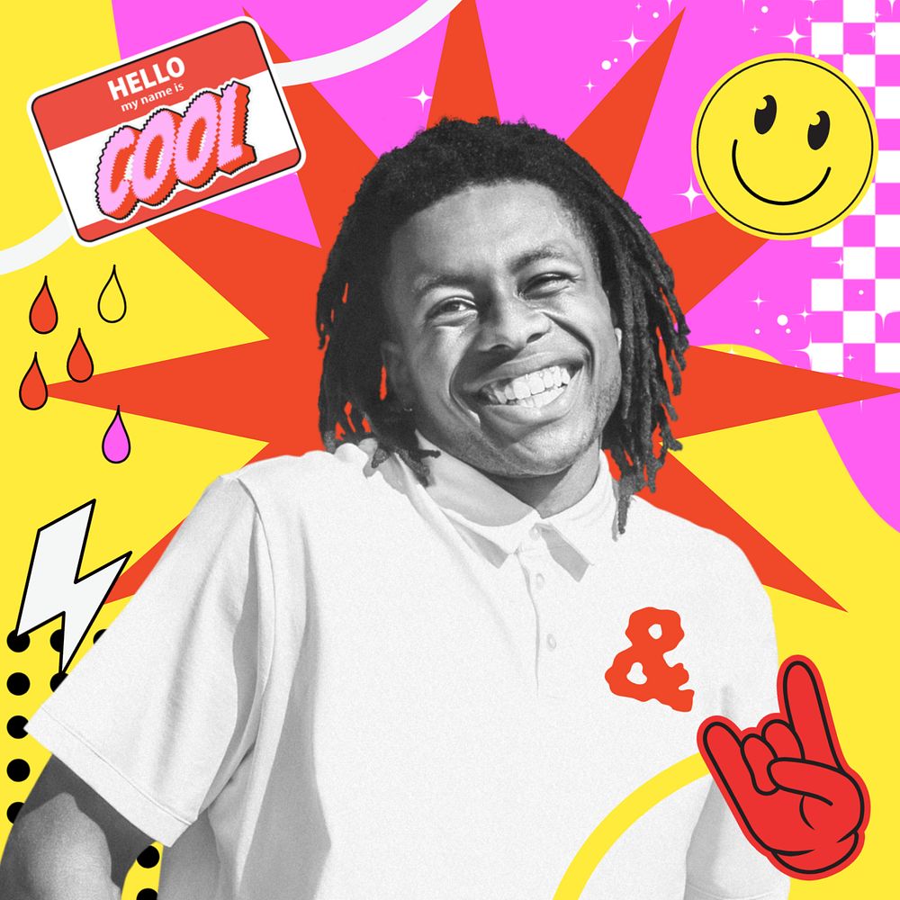 Cheerful black man, funky collage art, editable design