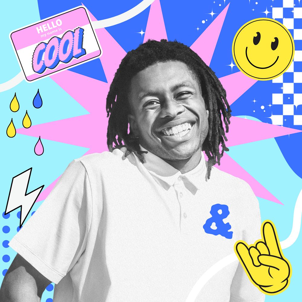 Cheerful black man, funky collage art, editable design