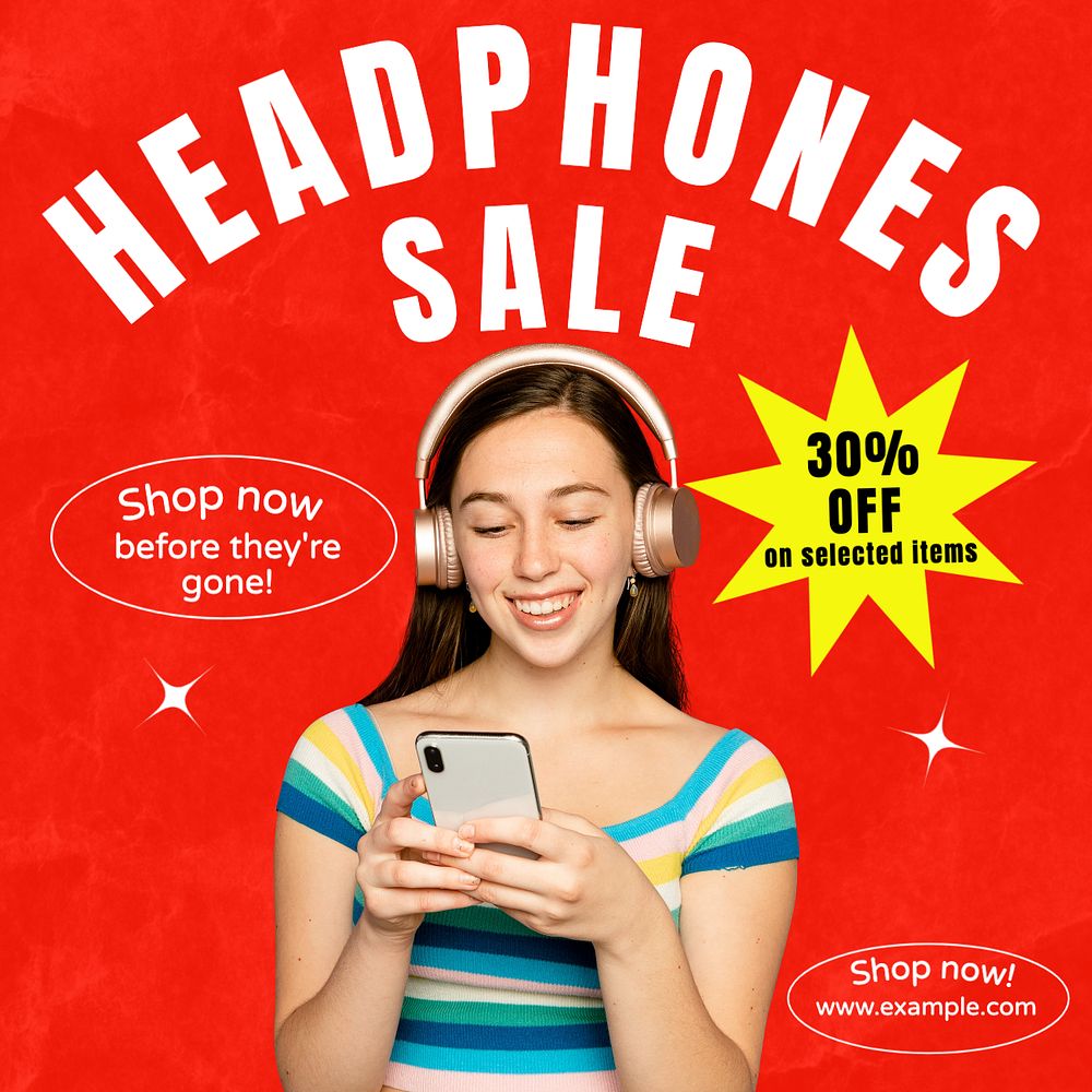 Headphones sale Instagram post template, editable text