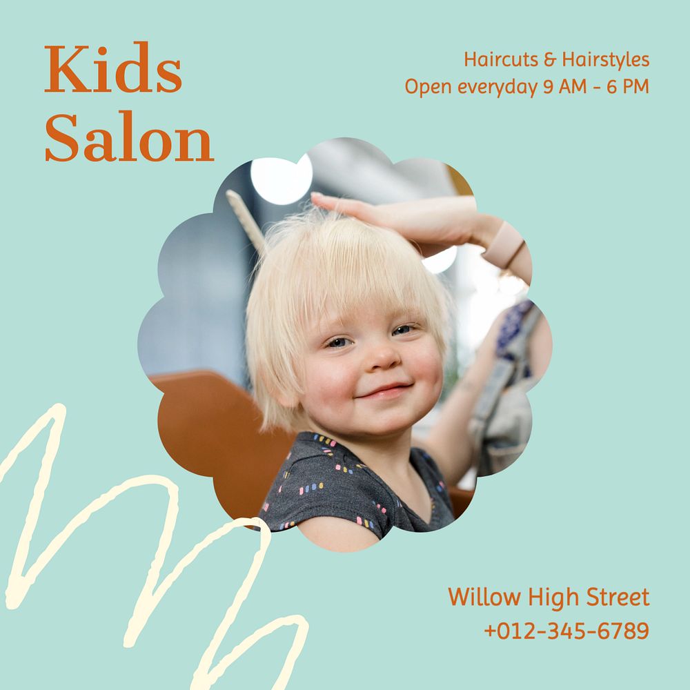 Kids salon Instagram post template, editable text