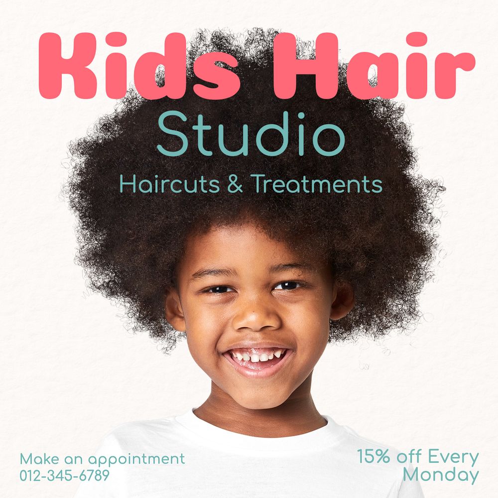 Kid's hair studio Instagram post template, editable text