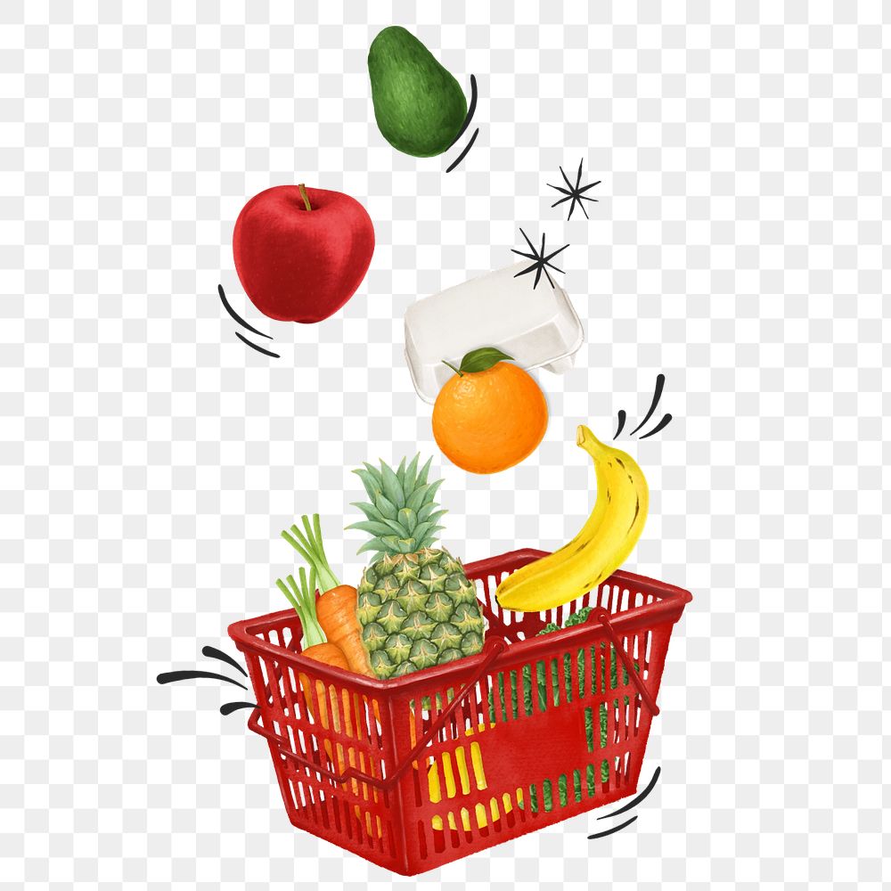 Grocery shopping basket, healthy food png illustration, editable design