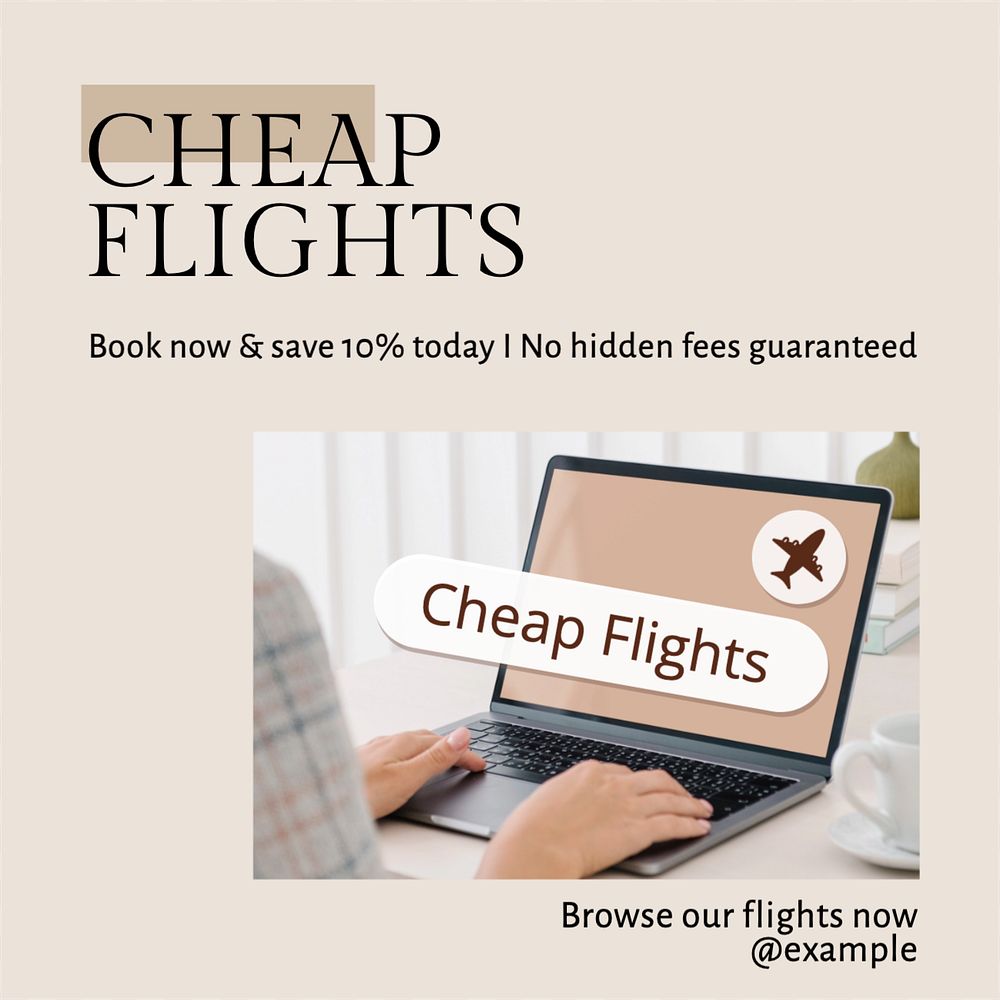 Cheap flights Instagram post template, editable text