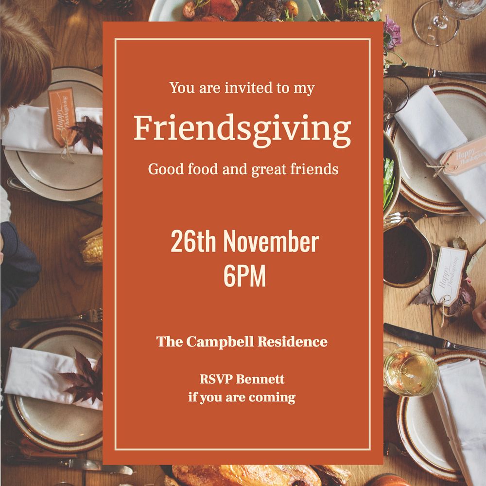 Friendsgiving party  Instagram post template, editable text