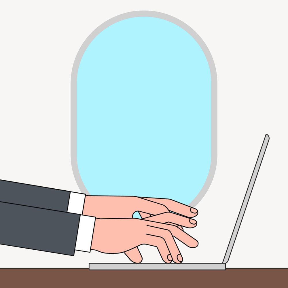 Businessman typing laptop background, airplane window illustration, editable design