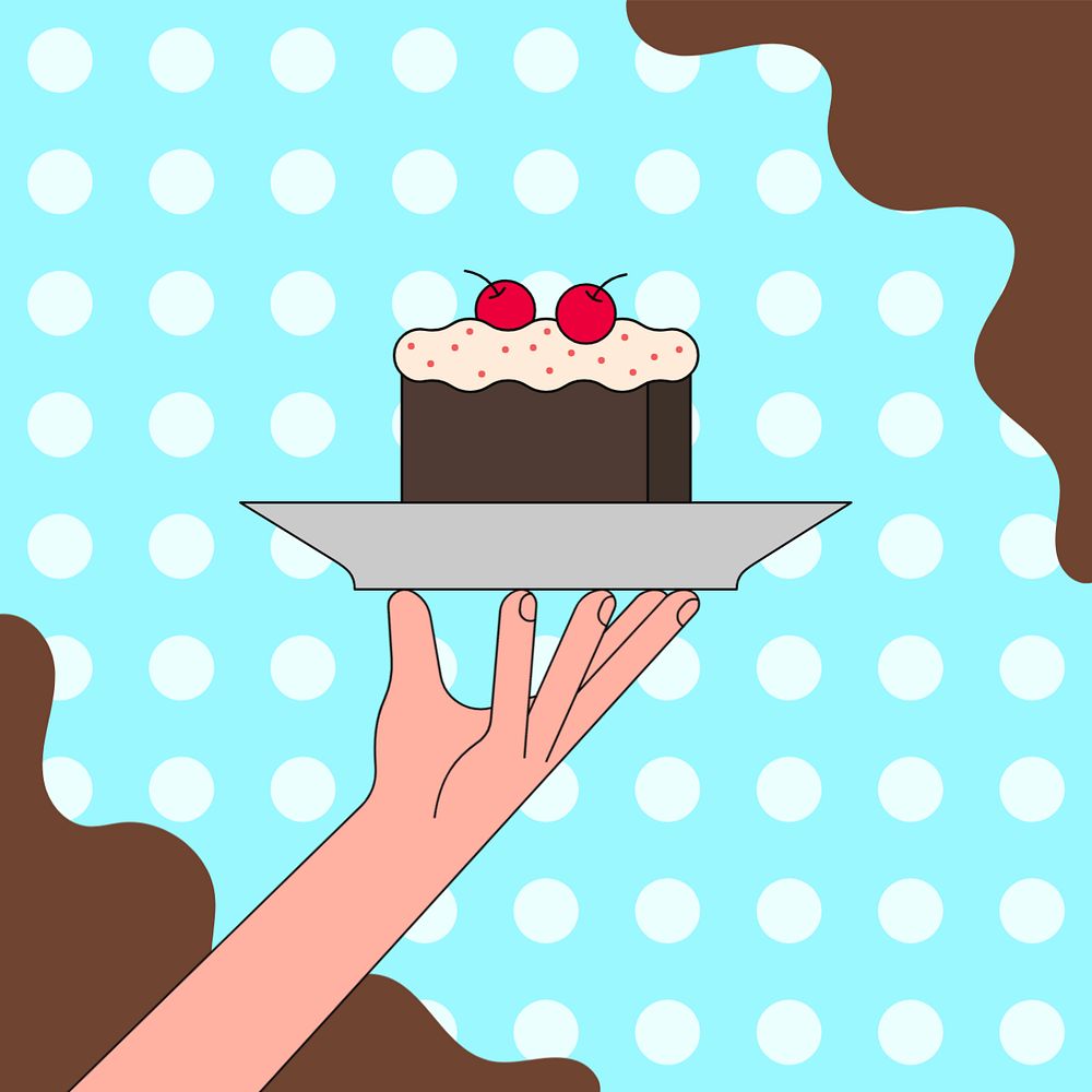 Hand serving chocolate cake background, food illustration, editable design 