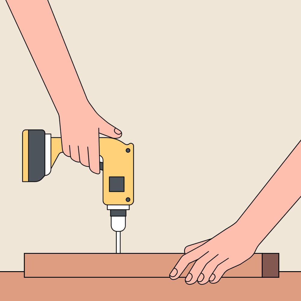 Hands holding electric screwdriver and wood background, technician illustration, editable design