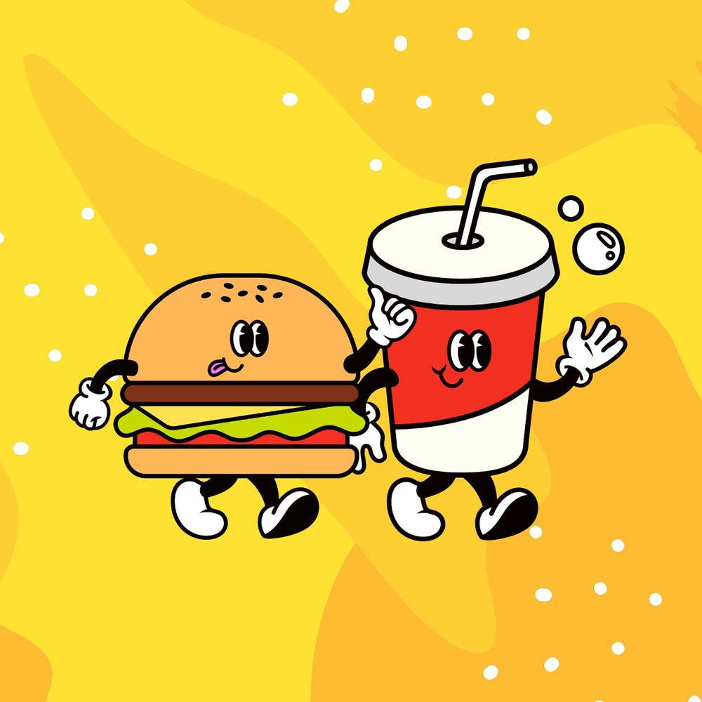 Cute junk food cartoon, retro funky illustration, editable design