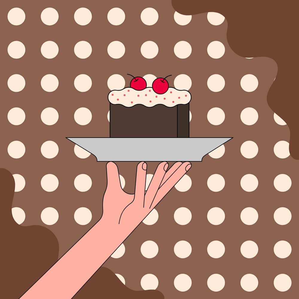 Hand serving chocolate cake background, food illustration, editable design 