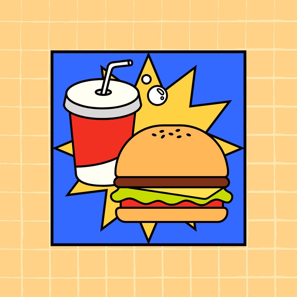 Cute junk food, burger and soda illustration, editable design