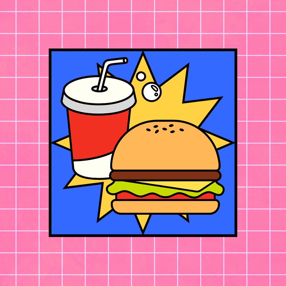 Cute junk food, burger and soda illustration, editable design