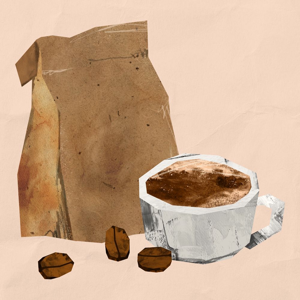 Hot coffee beans, paper craft collage, editable design