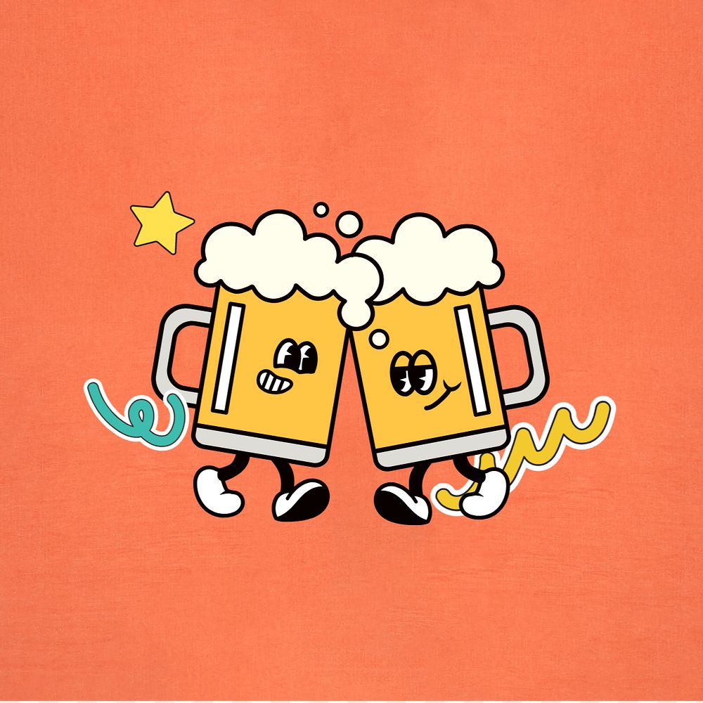 Clinking beer glasses, funky cartoon illustration, editable design