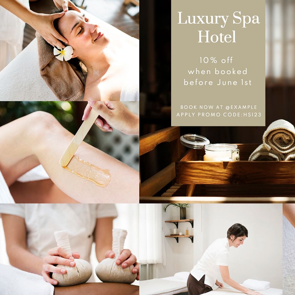 Luxury spa hotel Instagram post template, editable text