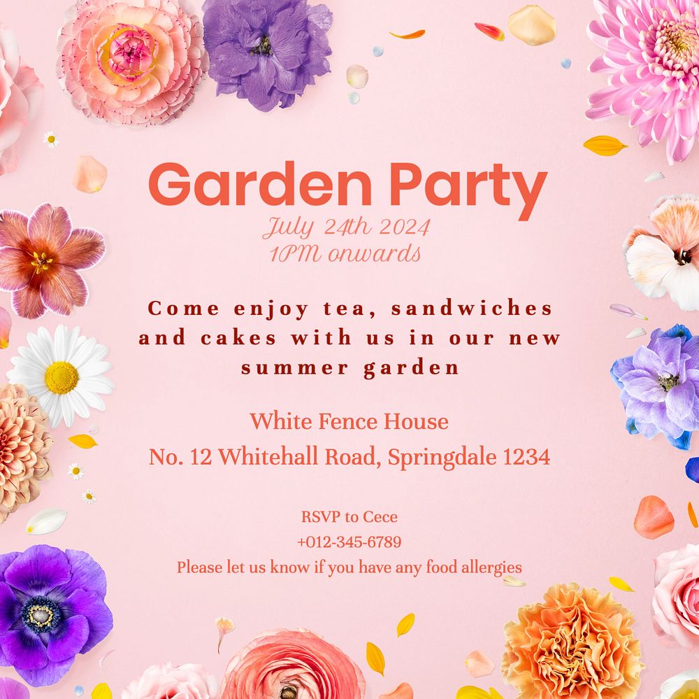 Garden party Instagram post template, editable text