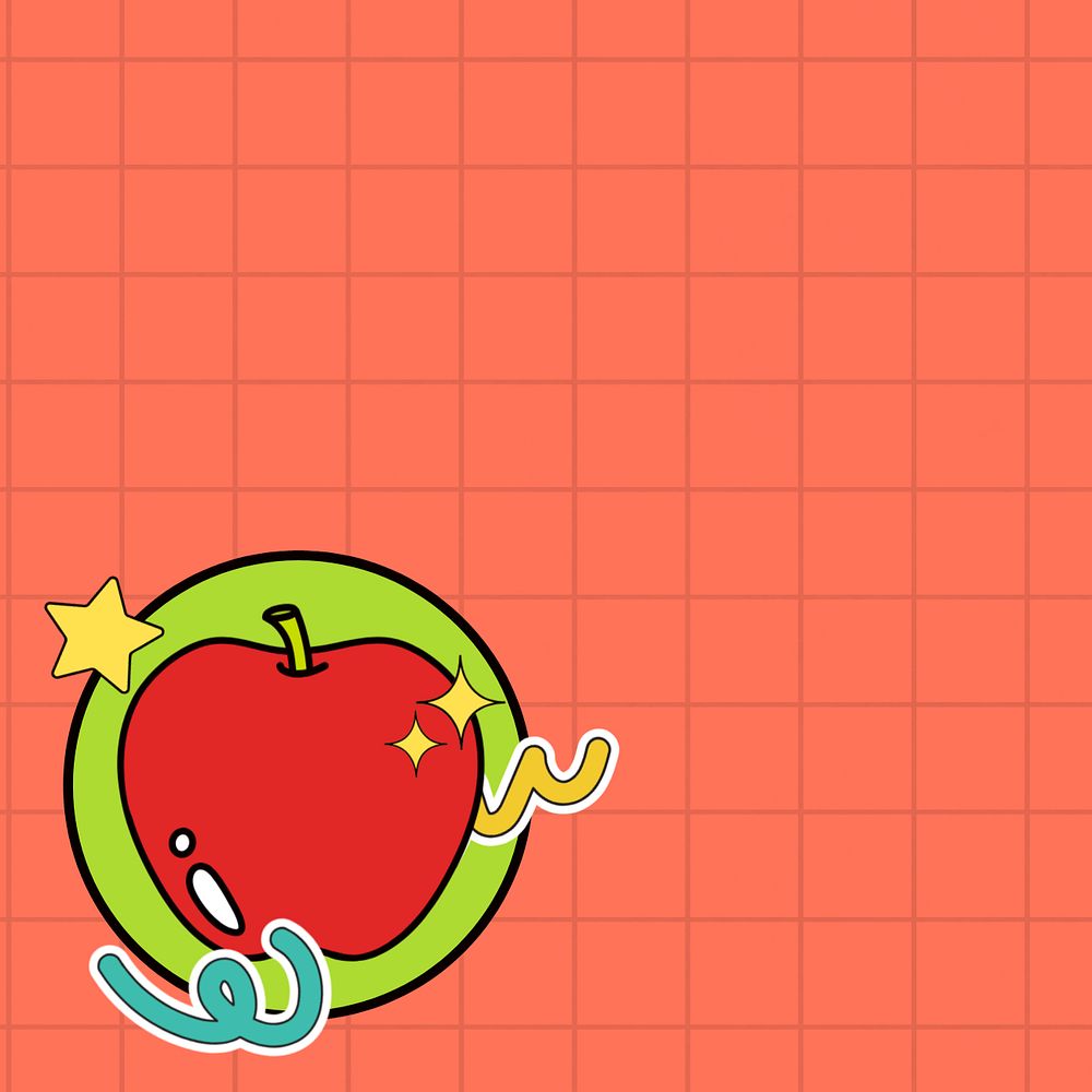 Red grid patterned background, cute apple illustration, editable design