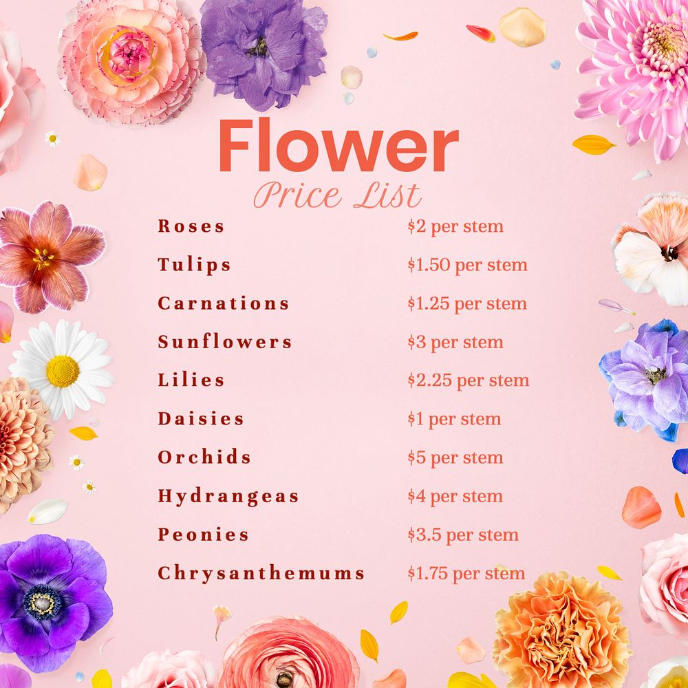 Flower price list Instagram post template, editable text