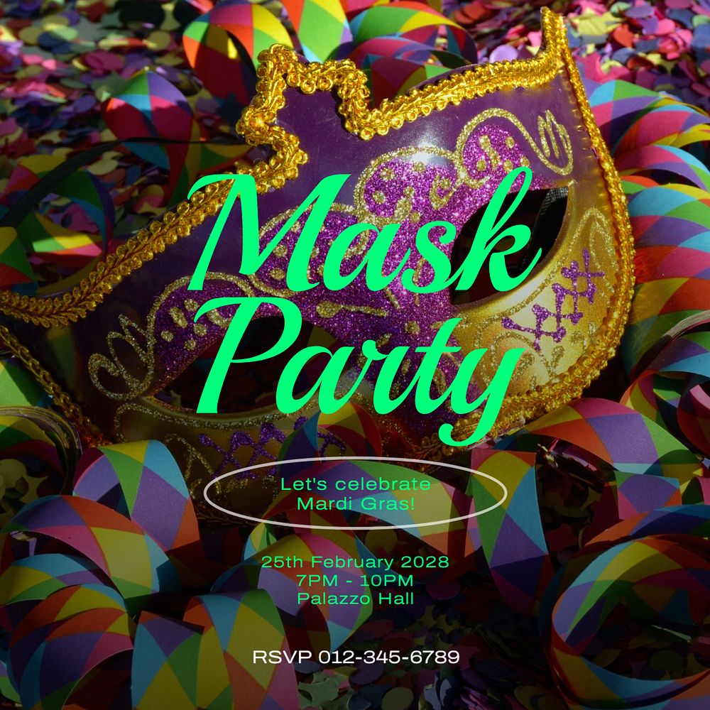 Mask party Instagram post template, editable text