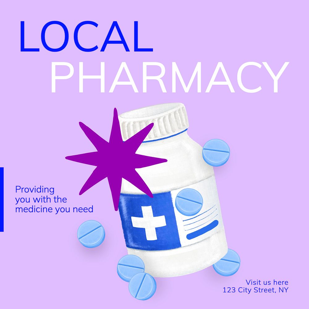 Local pharmacy Instagram post template, editable text