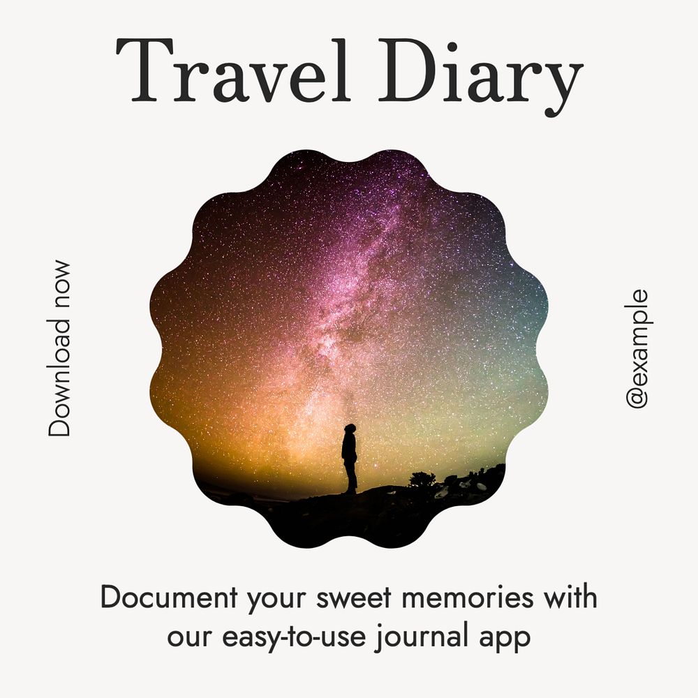 Travel diary app Instagram post template, editable text