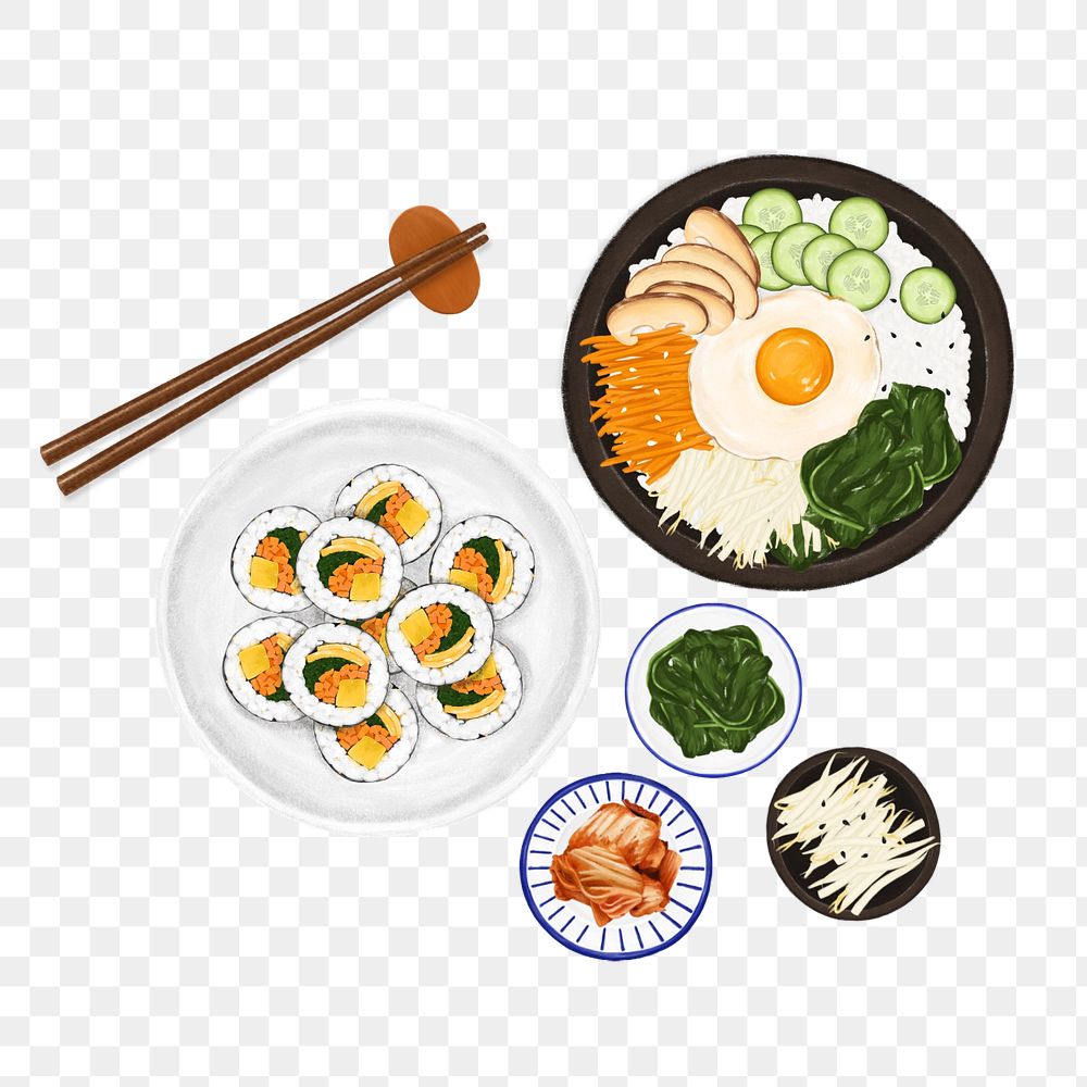 Kimbap, Bibimbap & Kimchi, Korean food png illustration, editable design