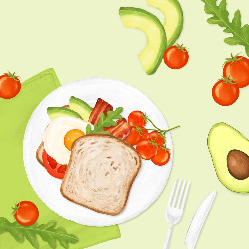 Avocado toast breakfast background, food illustration, editable design