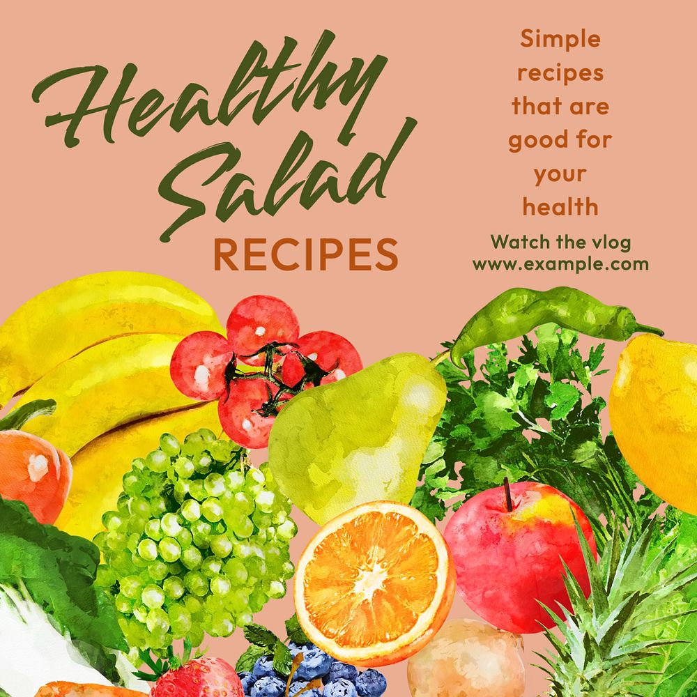 Healthy salad recipes Instagram post template, editable text