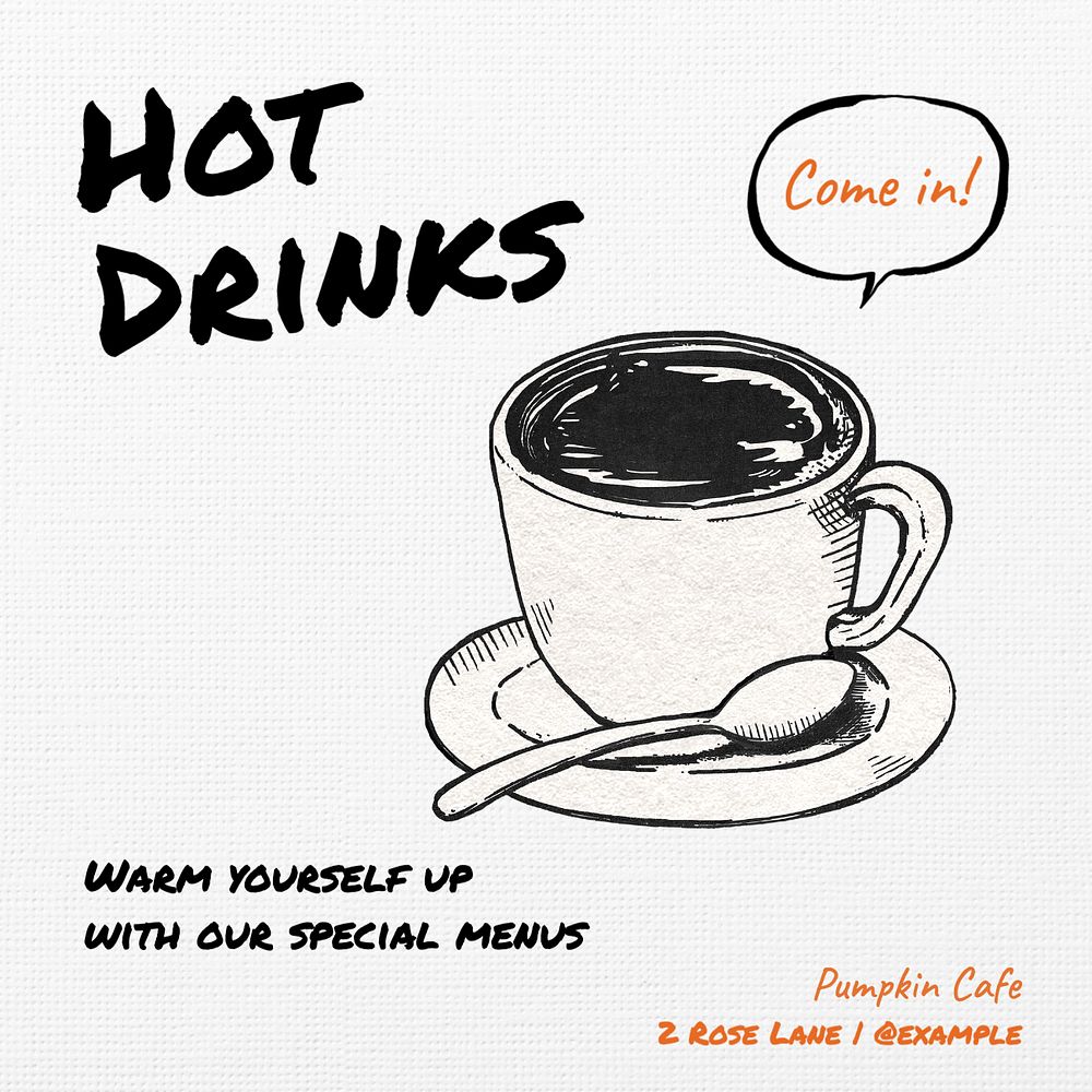 Hot drinks cafe  Instagram post template, editable text