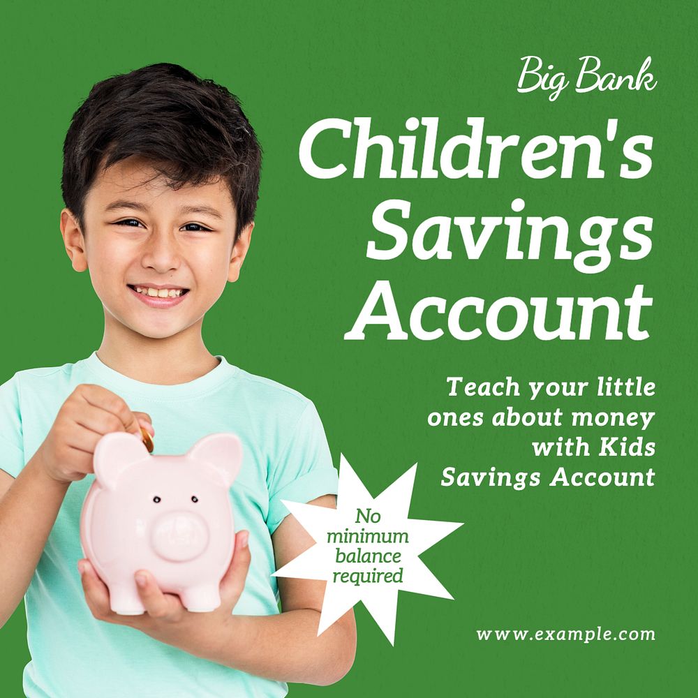 Children's savings account  Instagram post template, editable text