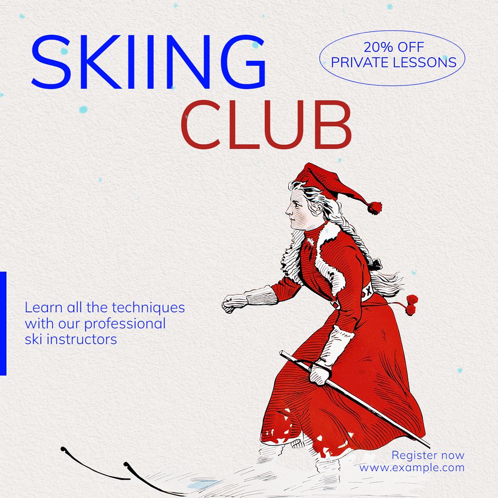 Skiing club Instagram post template, editable text