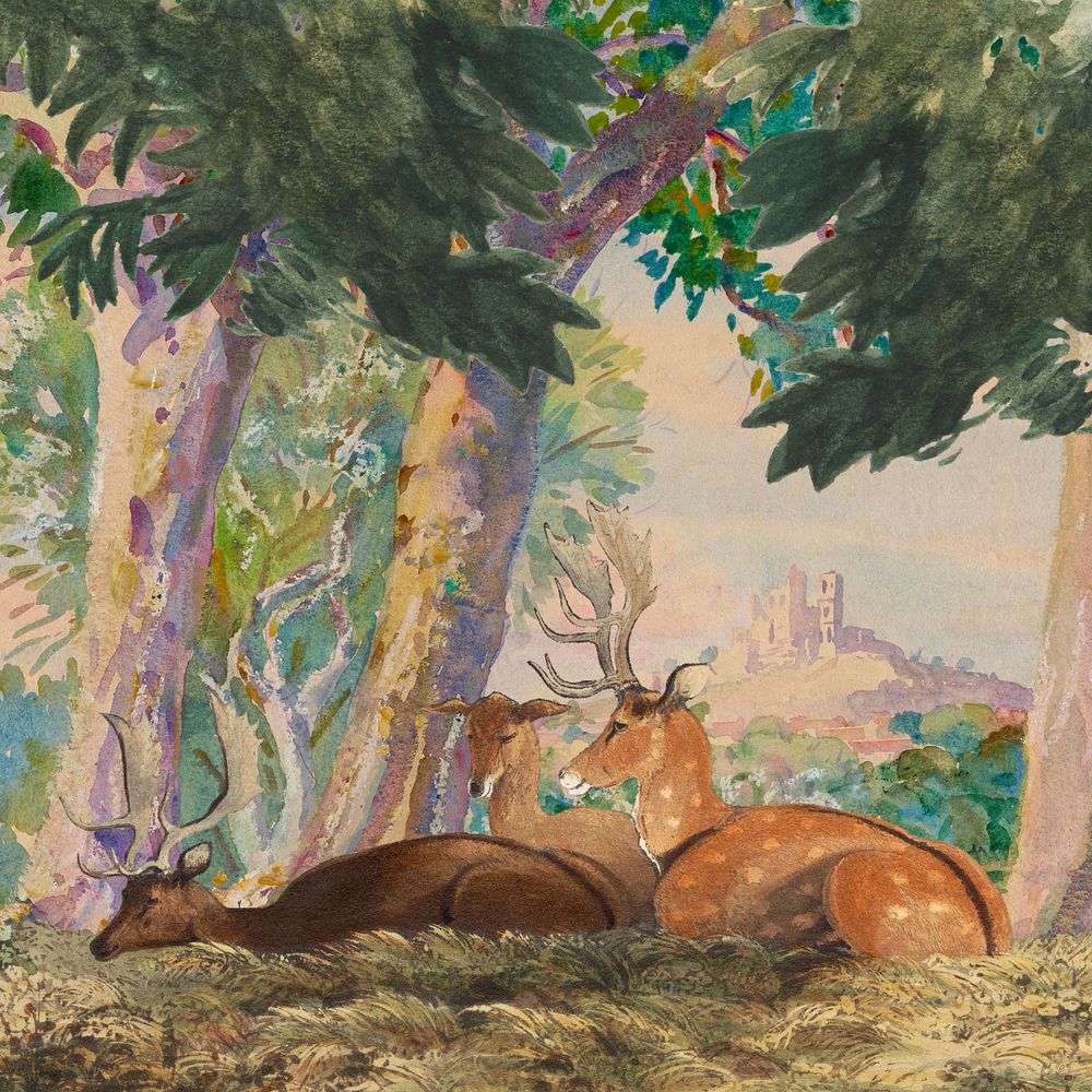 Watercolor deer in forest, editable remix design