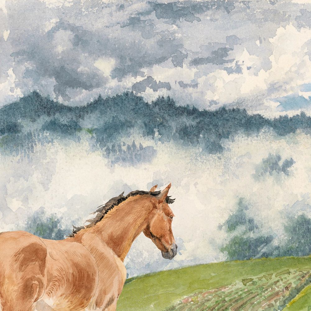 Watercolor wild horse foal, editable remix design