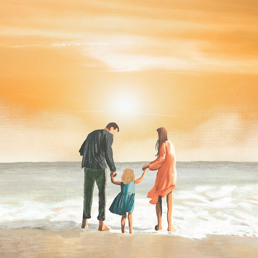 Family beach vacation, orange sky  illustration